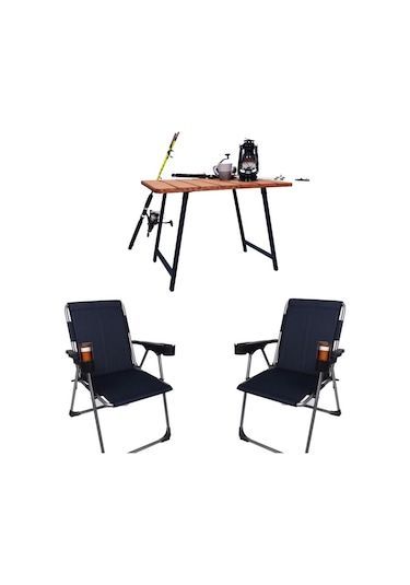 Alin Metal Kamp Sandalyesi 2''li Lüks Bardaklı Kamp Sandalyesi Ve Masa Set Fgt-01 Lacivert Lacivert
