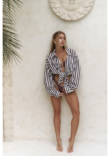 Rosy Transparan Çizgili Kahve Oversize Gömlek Kahve