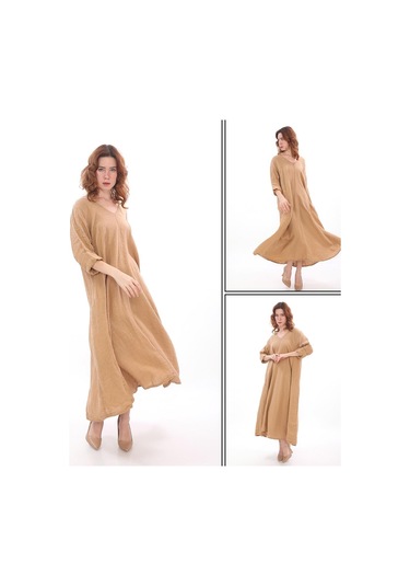 İtalyan V Yaka Uzun Kol Keten Elbise-8907 Camel