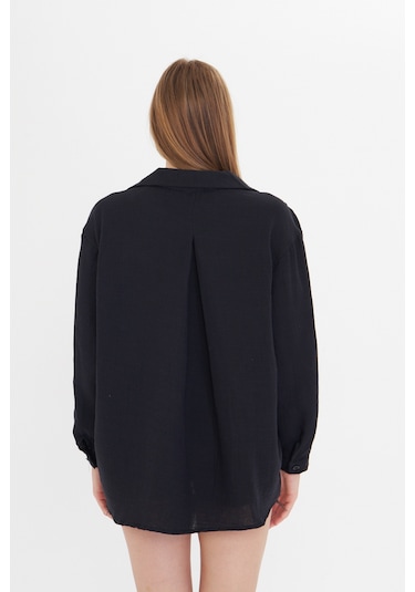 Kadın Oversize Basic Cepli Müslin Gömlek Siyah