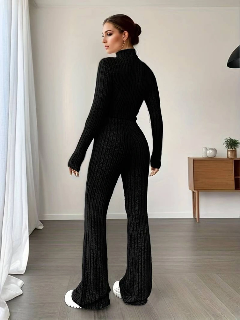 Tua Moda Kadın Uzun Kollu Balıkçı Yaka Krop Ve Pantolon Şardonlu Kaşkorse Ikili Takım Siyah