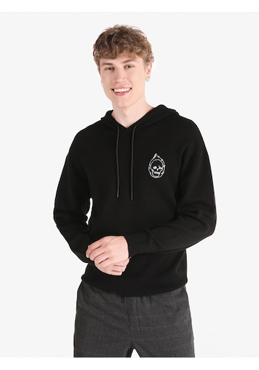 Colins Regular Fit Baskılı Kapüşonlu Siyah Erkek Kazak Cl1065585 Siyah