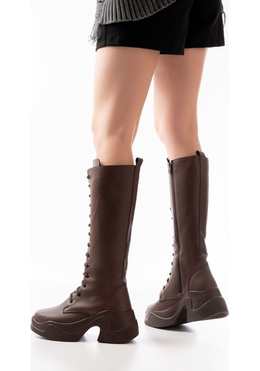 Fz-2450 Kahverengi Yüksek Tabanlı Bağcıklı Fermuarlı Günlük Kadın Çizme Resimdeki Renk
