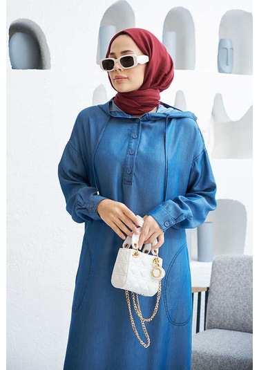 Neways 6643 Kapüşonlu Tesettür Elbise Koyu Mavi