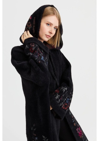 Desen Triko Kadın Triko Kırçiçeği Desenli Afrodit Panço 23065 Siyah Siyah