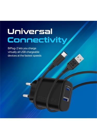 Promate BiPlug-2 17W Yüksek Hızlı Şarj Cihazı, 5V/3A Type-C, 5V/2,4A USB Duvar Şarj Adaptörü, Aşırı Şarj Koruma