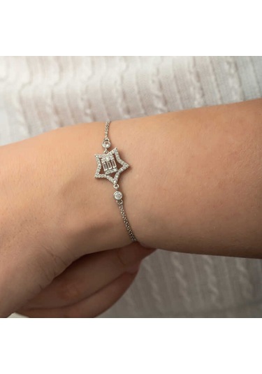 Gümüş Baget Taşlı Yıldız Kadın Bileklik Gümüş
