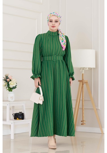 Kolu Volanlı Kemerli Henna Elbise-yeşil-5059 Yeşil