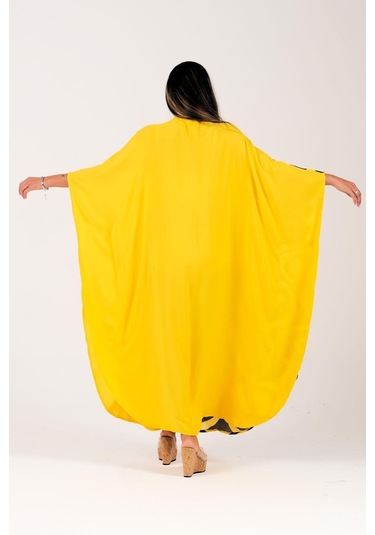 Kadın Sarı Sıfır Yaka Desen Garnili Nakışlı Cepli Oversize Uzun Elbise - Sarı