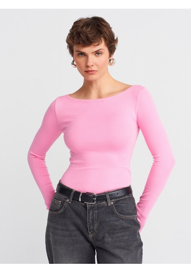 Dilvin 31332 Kayık Yaka Uzun Kollu Top-pembe Pembe