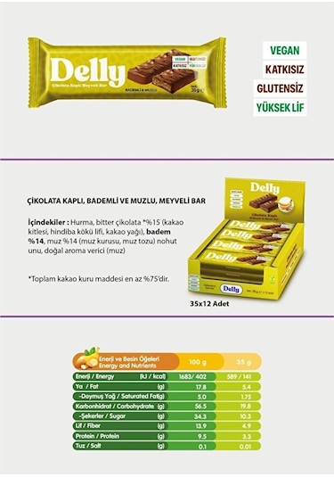 Delly Çikolata Kaplı Bademli Muzlu Bar 12 x 35 G