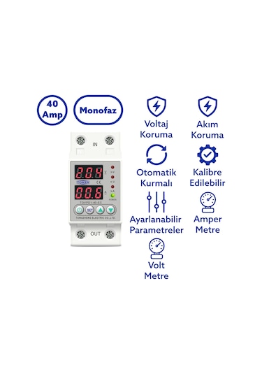 TOMZN Voltaj ve Akım Koruma Rölesi Yüksek Alçak Gerilim Yıldırım Koruyucu Monofaz 40A Elktrk Bekçisi