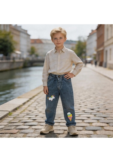 Kaizer Jeans Dondurma & Unicorn Baskılı Kar Yıkama Çocuk Pantolonu Mavi