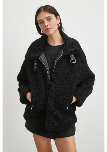 Yaka Detaylı Peluş Mont Siyah Siyah