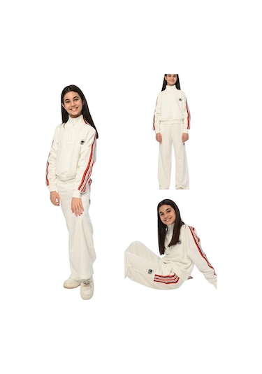 Kız Çocuk Bol Paça Yüksek Bel Yanları Çizgili Eşofman Alt-13400-ekru Ekru