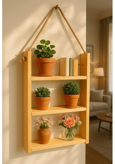 3 Katlı Dekoratif Ahşap Halatlı Duvar Rafı Kitaplık & Çiçeklik Uçan Raf 40cm Genişlik X 9cm Derinlik Çam Ağacı