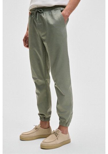 JAKOB Erkek Dokuma Yıkamalı 4 Cepli Kalın Dokulu Paçası Lastikli Açık Haki Pantolon