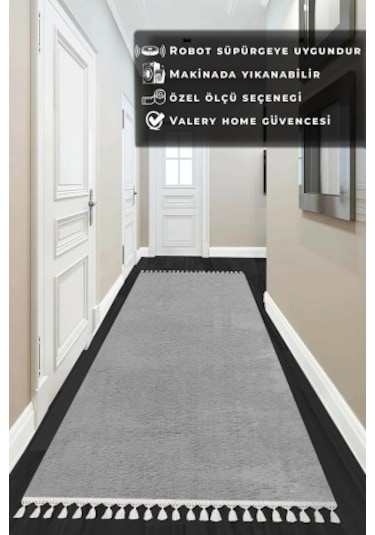 Valery Home Comfort Puffy Ponpon Saçaklı Peluş Düz Yolluk Açık Gr