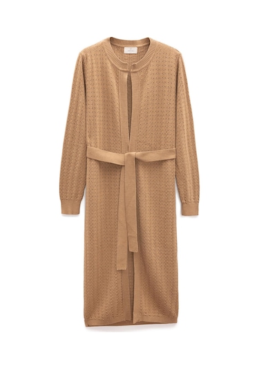 Peraluna Zeyna Mini Kabartma Örgülü Uzun Triko Hırka - Camel Camel