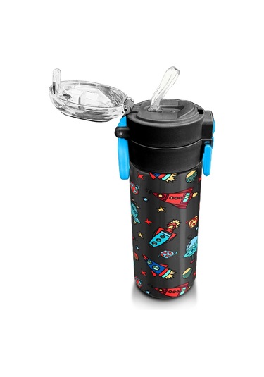 Coral High Kids Koyu Gri Kırmızı Uzay Desenli Pipetli Ve Direkt İçim Çelik Termos 500 Ml 31916 Koyu Gri