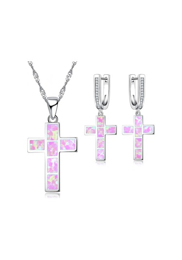 Pembe Moda İsa Haç Aksesuarları Kadınlar Için Set İmitasyon Mavi Ateş Opal Çapraz Kolye Kolye Küpe Kadın Düğün Takısı Pembe