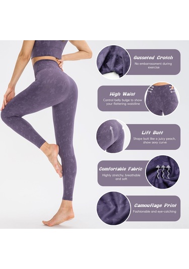 Kosona Kadınlar İçin Yoga Taytları - Kamuflaj Desenli - Rahatsız Edici Çizgisi Yok - Nefes Alır Hızlı Kuruyan - Yüksek Bel Kalça Geliştirici - Spor Jogging İçin Dar Paça Pantolon - Mor 8/l Avrupa Bedeni Mor