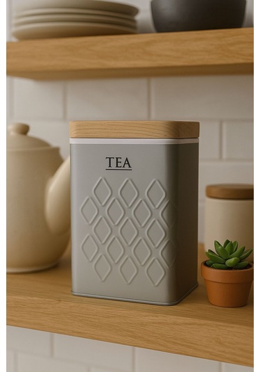 Ahşap Görünümlü Metal Kapaklı 1 Adet Gofreli Gri Çay Saklama Kutusu & Kavanoz 17 11 8 Cm Gri