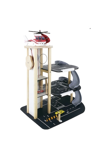 Ahşap Asansörlü Otopark - Üç Katlı Garaj Seti - Hotwheels Garaj Seti - Otopak Seti - Kaydıraklı Gara
