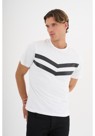Erkek Beyaz Baskılı %100 Pamuklu Standart Kalıp T-sihrt Beyaz