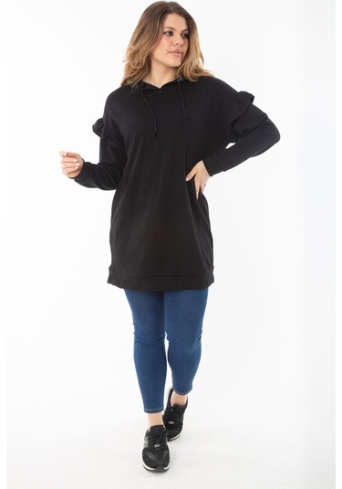 Kadın Büyük Beden Siyah İçi Şardonlu Üç İplik Kol Detaylı Kapşonlu Sweatshirt 65n37299-siyah Siyah