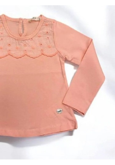 Kız Çocuk Çiçek Detaylı Pamuklu İnce Uzun Kollu Bluz-14829 Pembe
