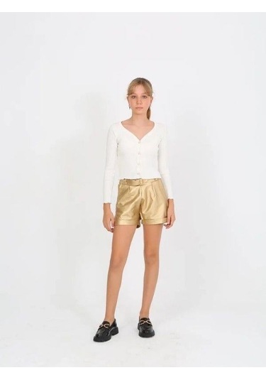 Kız Çocuk Beli Kemerli Duble Paça Gold Deri Şort-14824 Altın