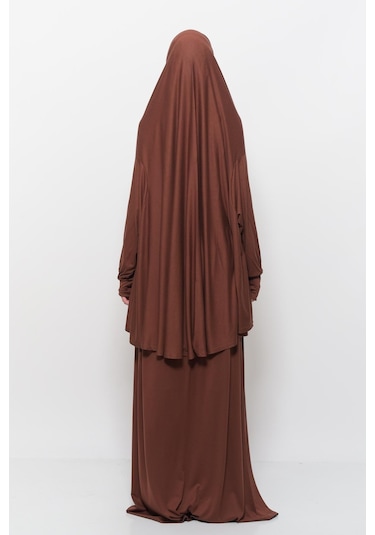 Pratik 2 Parça Pamuklu Yarasa Kollu Başörtülü Tesettür Namaz Elbisesi Çikolata Antrasit