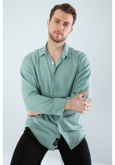 Rahat Kesim Keten Dokulu Gömlek Mint