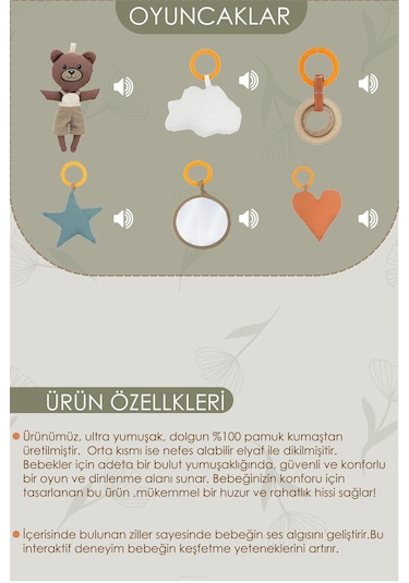 Mordesign Bebek Oyun Alanı,ayı Bebek Aktivite Matı,yaprak Oyun Matı, Bebek Egzersiz Set,baby Gym Seri, Haki