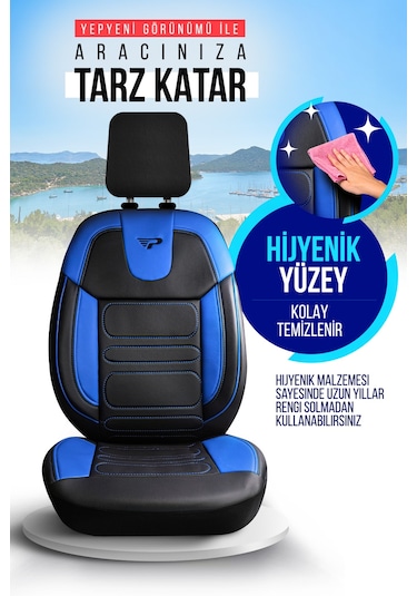 Siyah - Mavi Garni Panda Rodos Serisi Deri Ortopedik Oto Koltuk Kılıfı - Tam Set