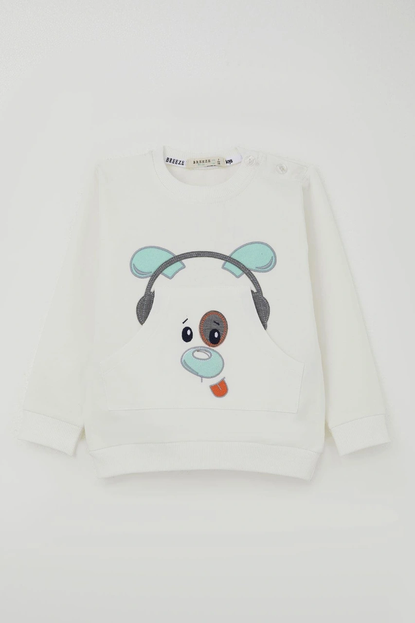 Breeze Erkek Bebek Eşofman Takımı Kulaklıklı Köpekçik Nakışlı 9 Ay-3 Yaş, Beyaz Beyaz