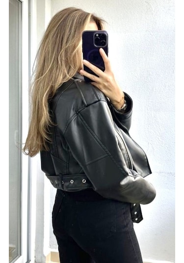 Prifaldi Suni Deri Crop Bıker Ceket Siyah