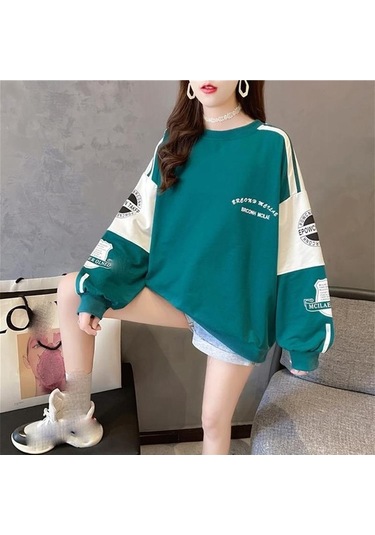 Novahub Yeşil Gevşek Dikiş Hoodie Kadın Yuvarlak Boyun Kadın Hoodies & Sweatshirt Sonbahar Kış Üstü Yeşil