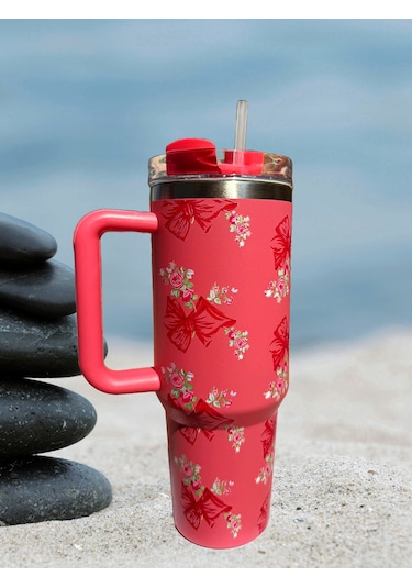 Pipetli 1,2 Litre Kulplu Çelik Termos Renkli - Kırmızı Kırmızı