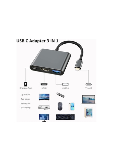 Reedark Usb-c'den Hdmı'ye 3'lü Dönüştürücü: 4k Ultra Hd Video + Usb 3.0 Veri Transferi + Usb-c Şarj Portu, Siyah