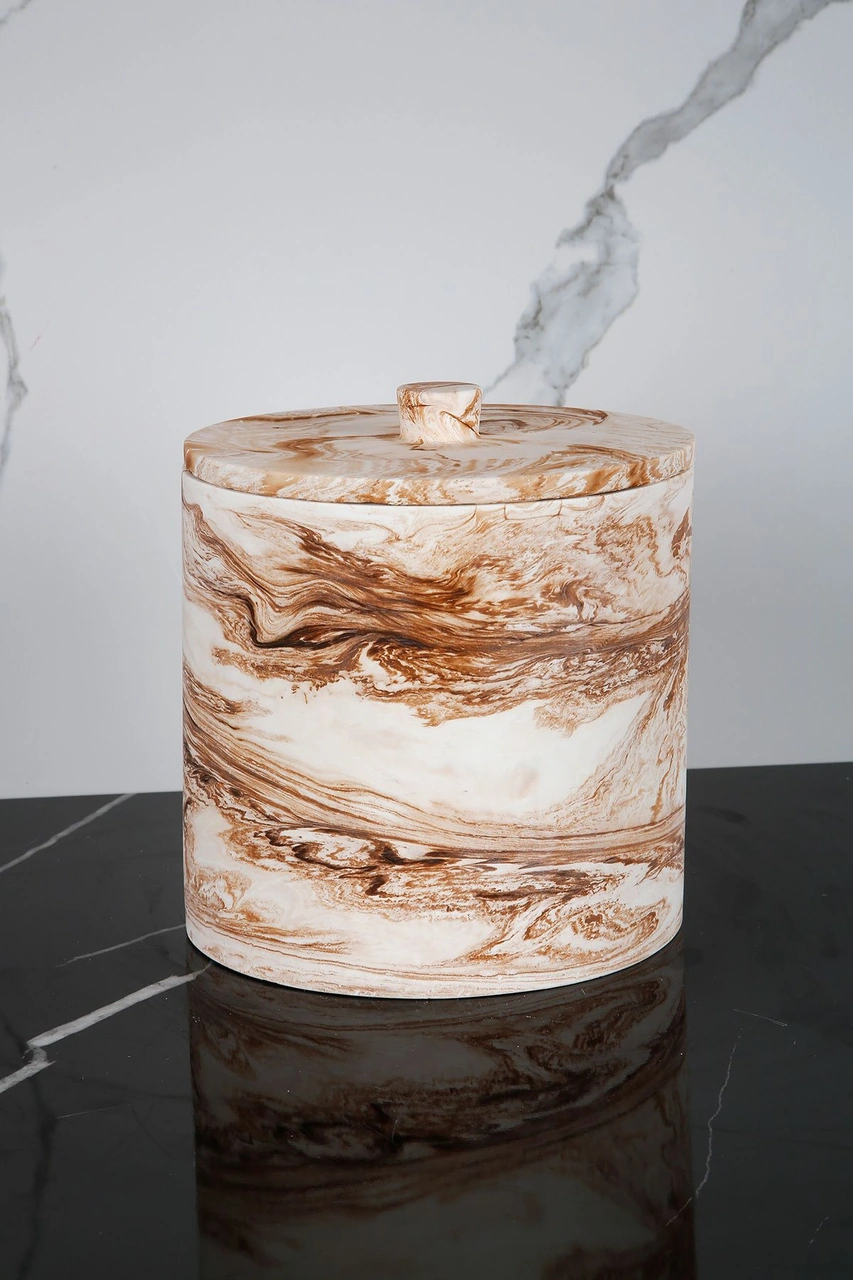 Mermer Desenli Beton Çöp Kovası Banyo Mutfak Tuvalet Wc 18 Cm 4 Litre Bej