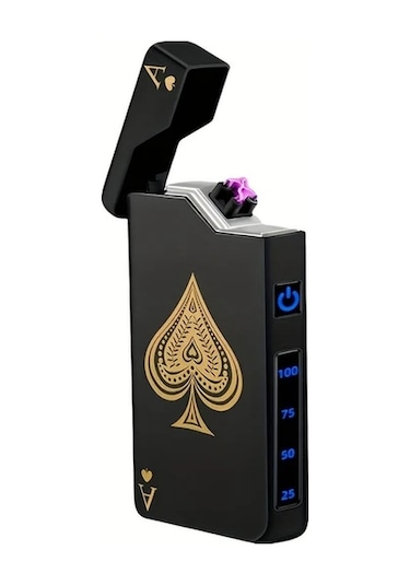 Techbloom Black A Rüzgar Geçirmez Çift Ark Çakmak Usb C Şarjlı Elektrikli Çakmak Poker Ası Desenli Mum Tütsü Kamp Hediye Altın