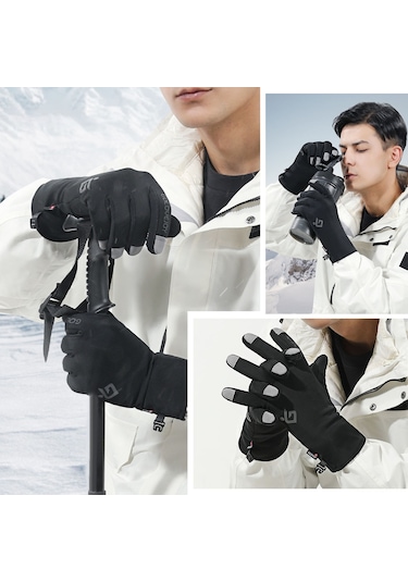 Erkek Kış Dokunmatik Eldivenler Kaymaz Polar Su Geçirmez Termal Spor Eldivenler Siyah