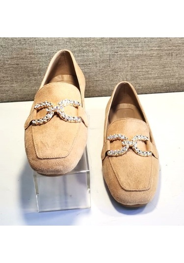 Aycan 1616 Kadın Süet Taşlı Babet Ayakkabı Süet Kum Bej
