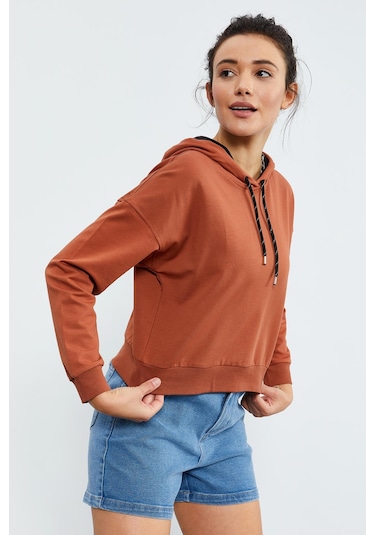 Tommy Life Tarçın Uzun Kol Rahat Form Kapüşonlu Kadın Sweatshirt - 97115 Tarçın