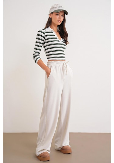 4757 Kadın Lastikli Bol Paça Örme Dökümlü Selanik Pantalon Taş Taş