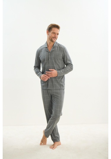 Erkek Uzun Kol Gömlek Yaka Önden Düğmeli Gri Pijama Takım C3t2n5o9 001