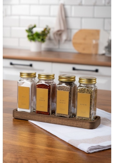 Mienda Home 4'lü Ahşap Standlı Cam Baharatlık Seti Gold Kapaklı Etiketli Baharatlık Takımı Mh01gld04 Gold - Şeffaf