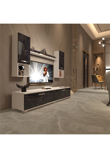 Decoraktiv Eko 5da Mdf Std Tv Ünitesi Tv Sehpası Beyaz - Siyah Mermer